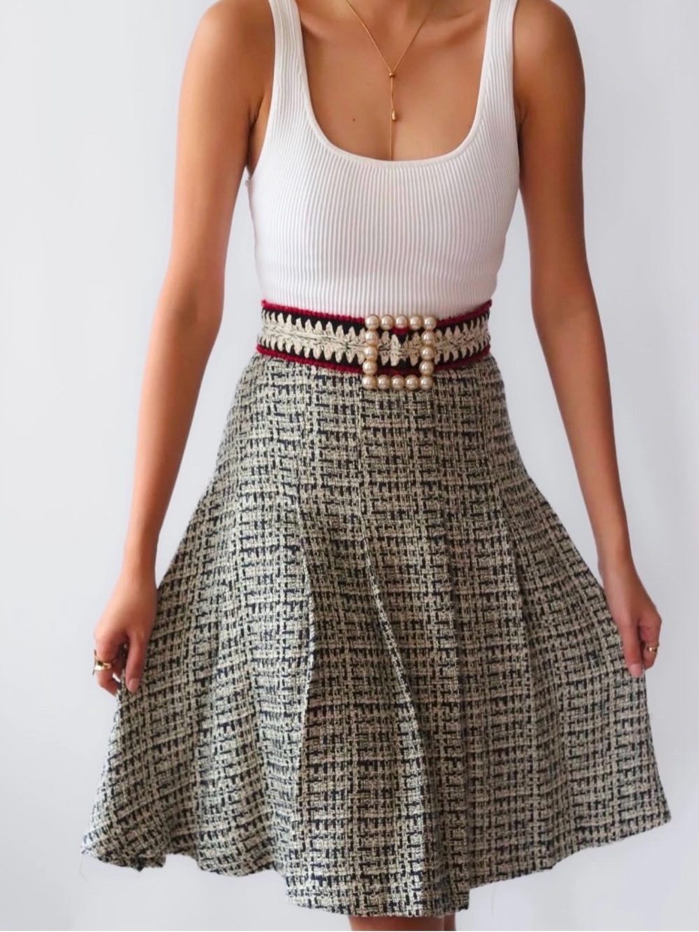 EDWARD ACHOUR PARIS Faux Pearl Embellished Tweed Skirt Quiet Money 36 (2)